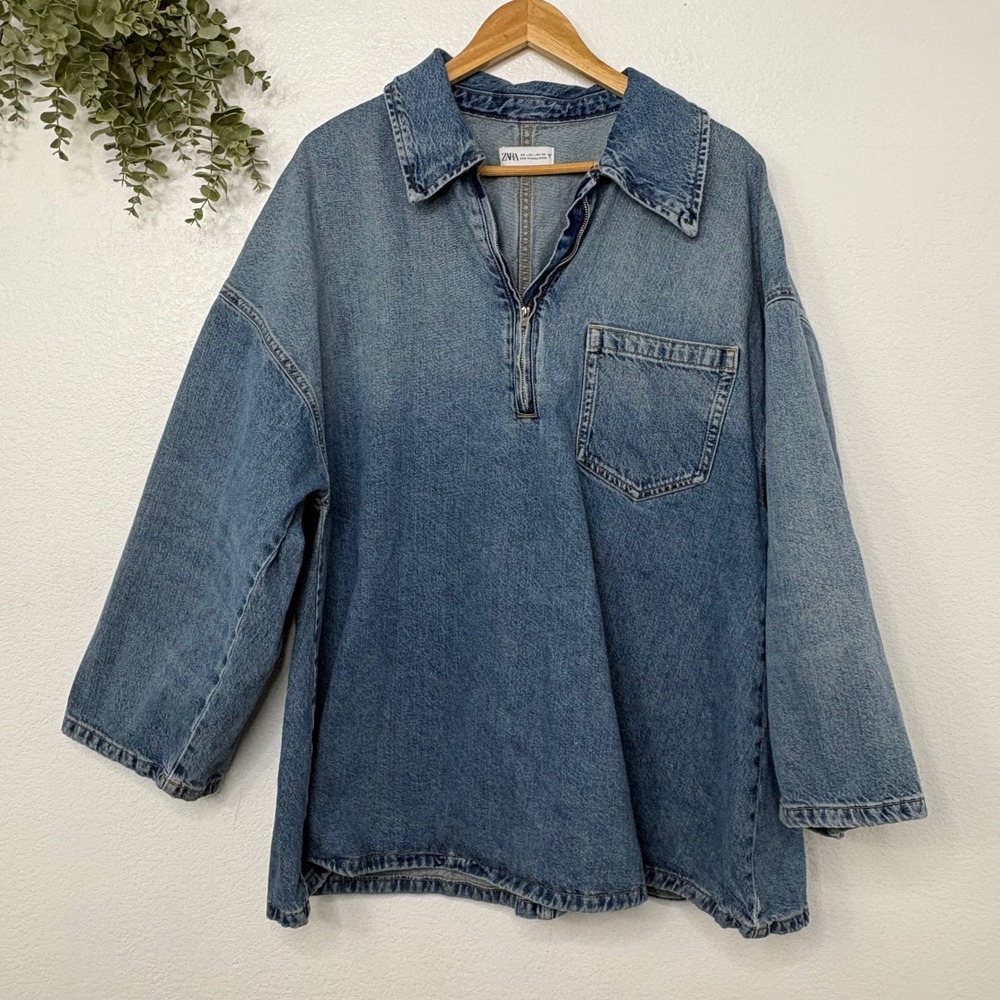 Zara Denim Pullover Shirt Jacket - Blue